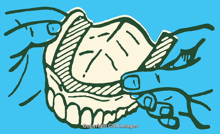 Illustration of Denture Care Featuring Hands and Teeth on Blue Background
