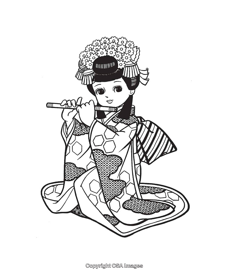 Traditional Japanese Girl Playing Flute in Elegant Kimono Illustration