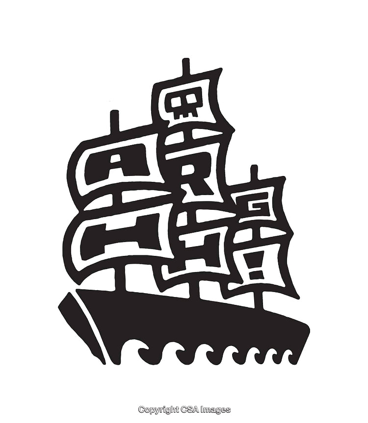 Black and White Line Art Illustration of a Sailing Ship with Waves
