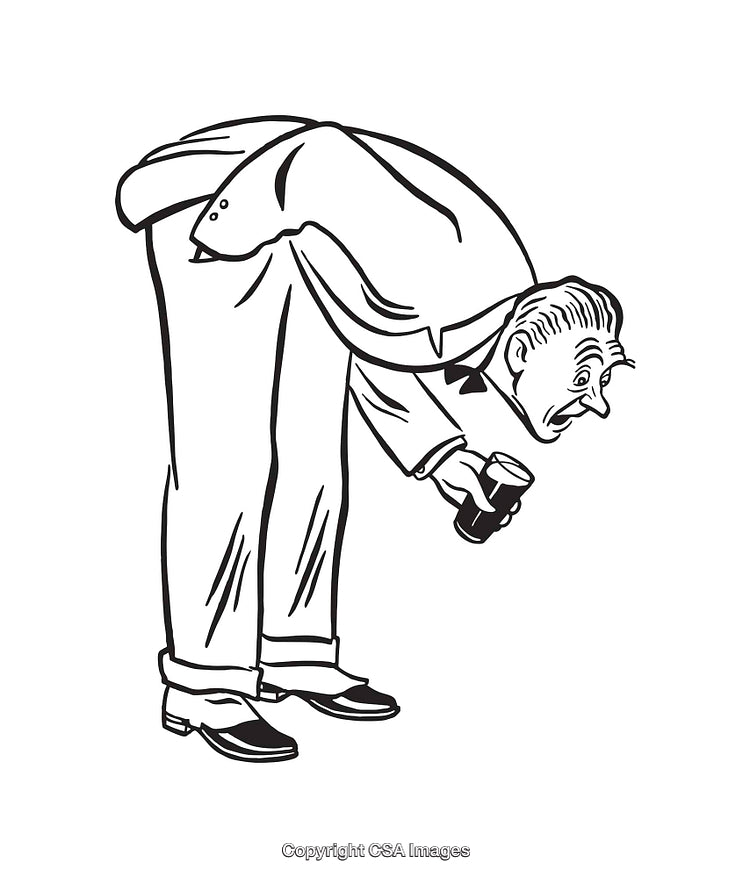 Humorous Black and White Illustration of a Man Examining a Small Object