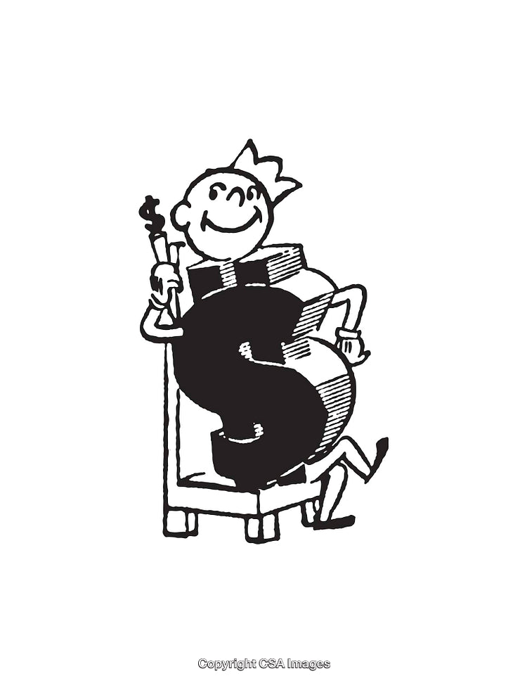 Black and White Illustration Featuring Dollar Symbol and Crowned Character