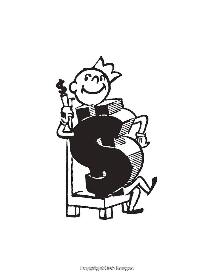 Black and White Illustration Featuring Dollar Symbol and Crowned Character