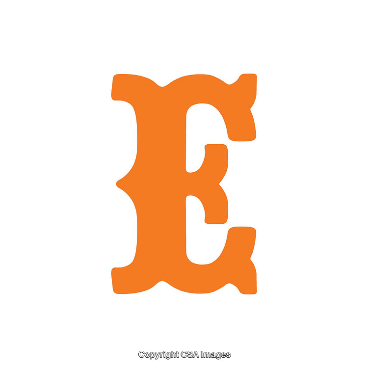 Orange Letter E in Decorative Typeface on White Background