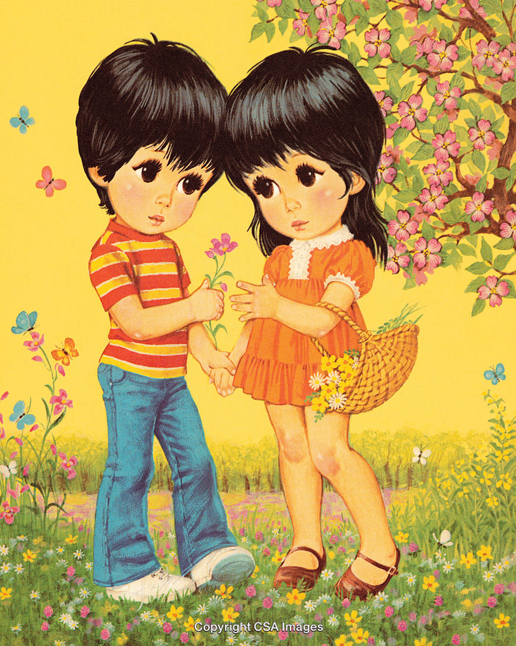 Vintage Illustration of Two Children Holding Hands in a Flower Garden