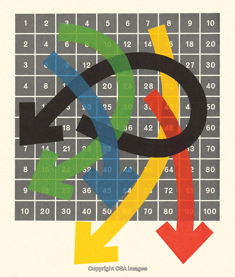 Abstract Overlapping Color Arrows on Grid Background with Numbers and Shapes