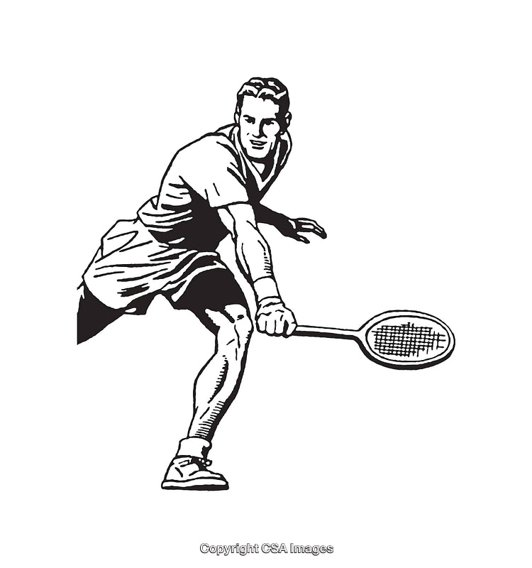Vintage Black And White Line Art of Tennis Player in Action