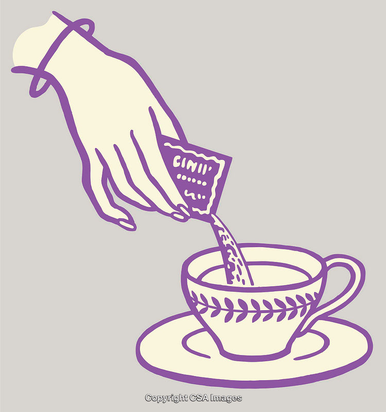 Hand Pouring Powder into Tea Cup with Elegant Purple Artwork