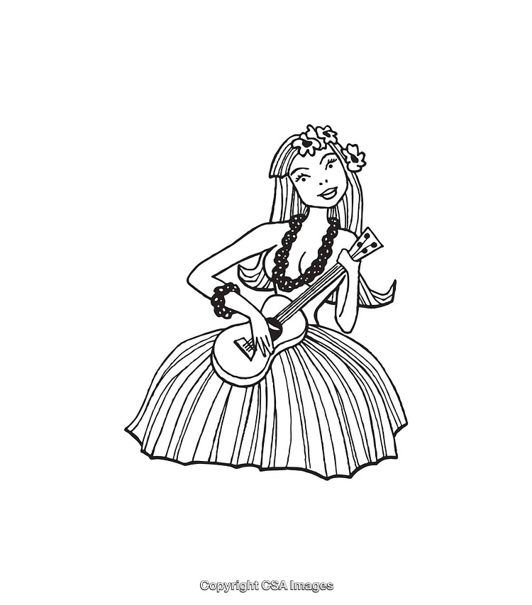 Black and White Line Art of Hawaiian Hula Dancer Playing Ukulele
