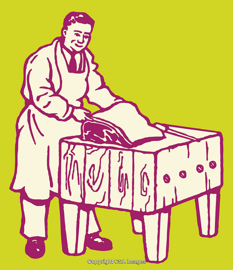 Color Illustration of a Butcher at Work with Cutting Table