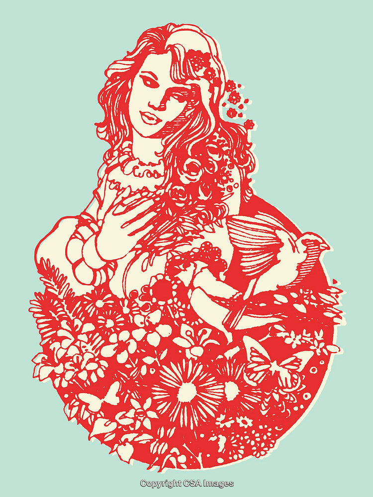 Whimsical Line Art of Woman in Floral Landscape with Birds and Butterflies