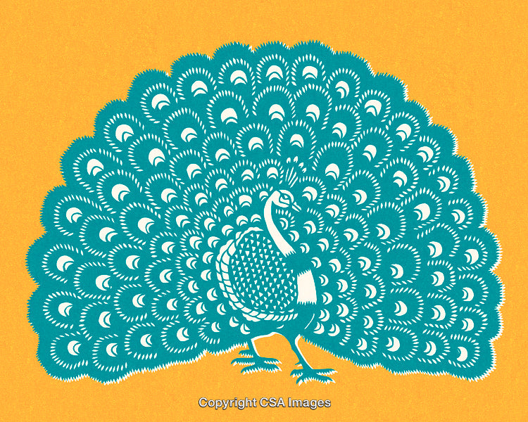 Illustrated Peacock With Intricate Patterns on Bright Yellow Background
