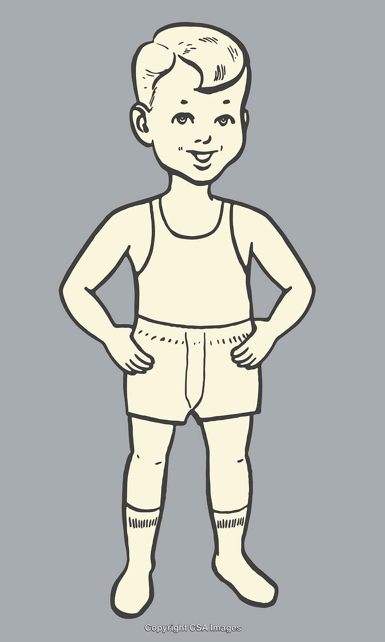 Vintage Line Art Illustration of a Smiling Boy with Hands on Hips
