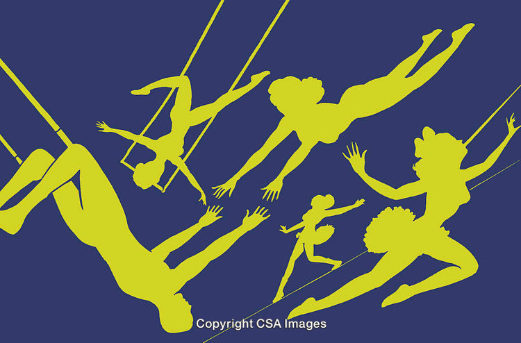 Dynamic Circus Scene of Trapeze Artists Silhouetted Against Blue Background