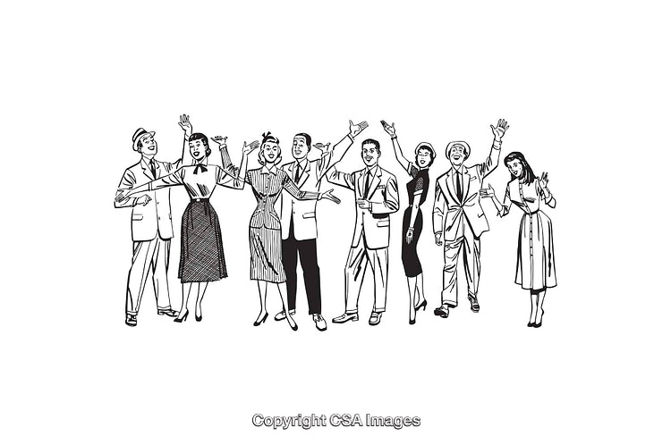 Group of Cheerful People Celebrating Together in Retro Line Art Illustration