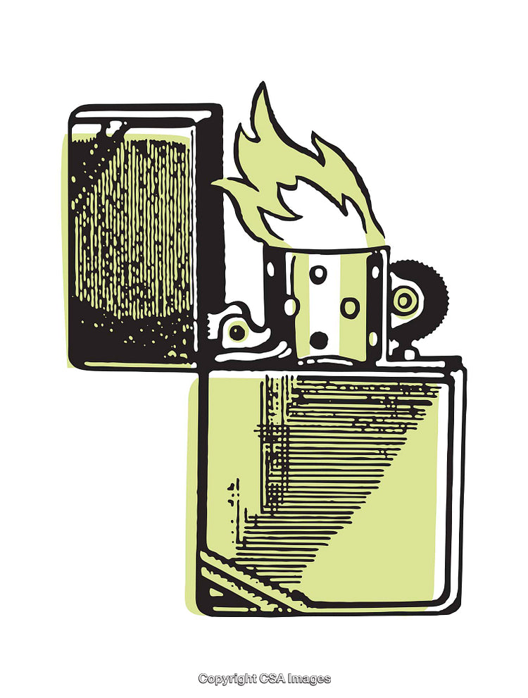 Stylized Color Illustration of an Open Lighter with a Yellow Flame