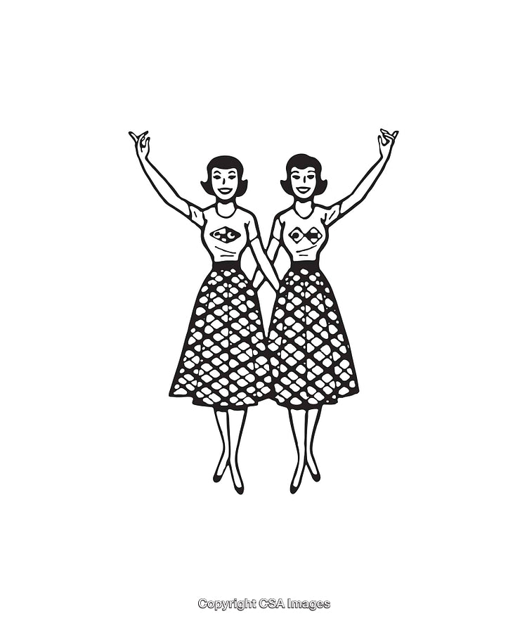 Retro Illustration of Twin Women in Black and White Line Art Style