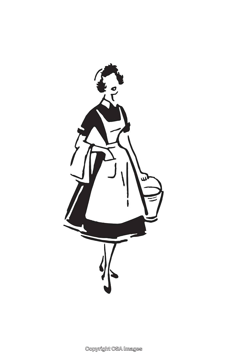 Vintage Line Art of a Retro Housemaid Carrying a Bucket