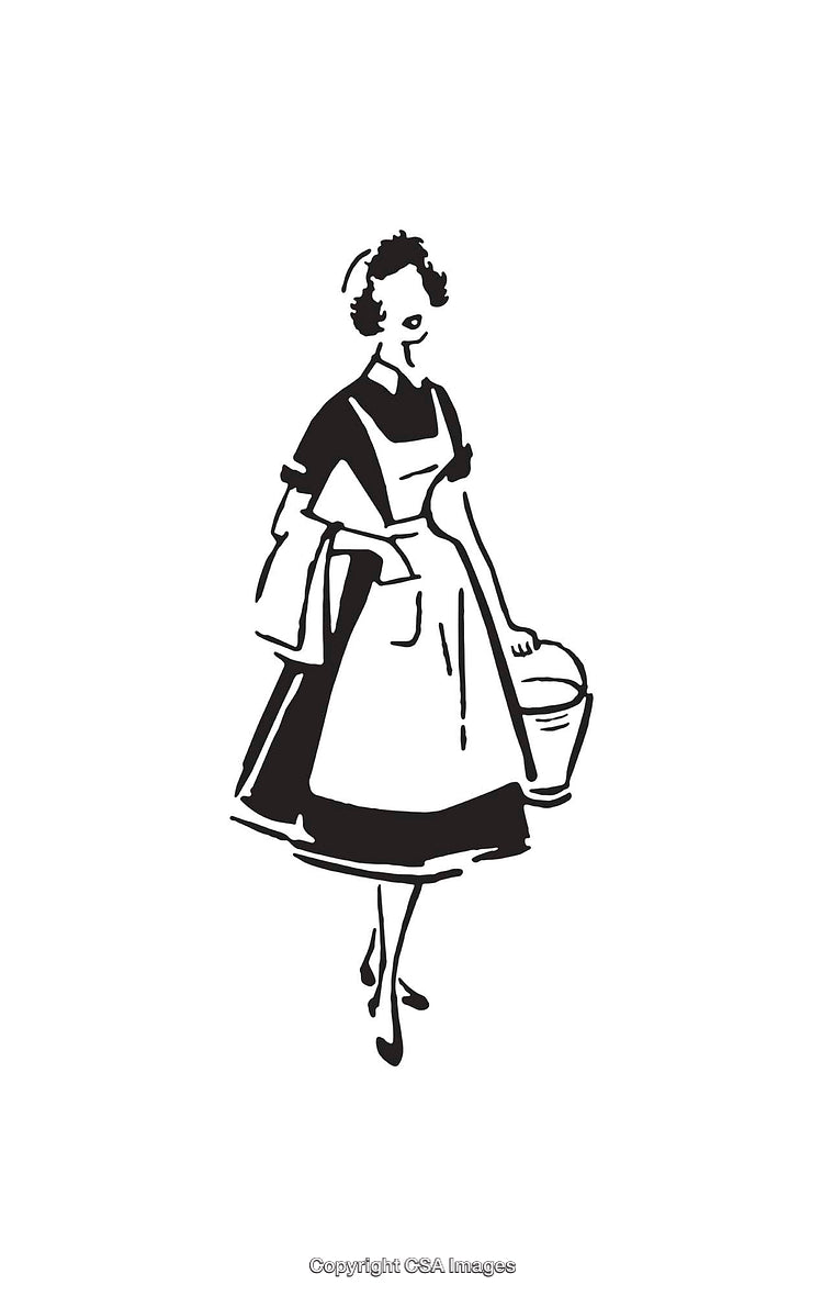 Vintage Line Art of a Retro Housemaid Carrying a Bucket