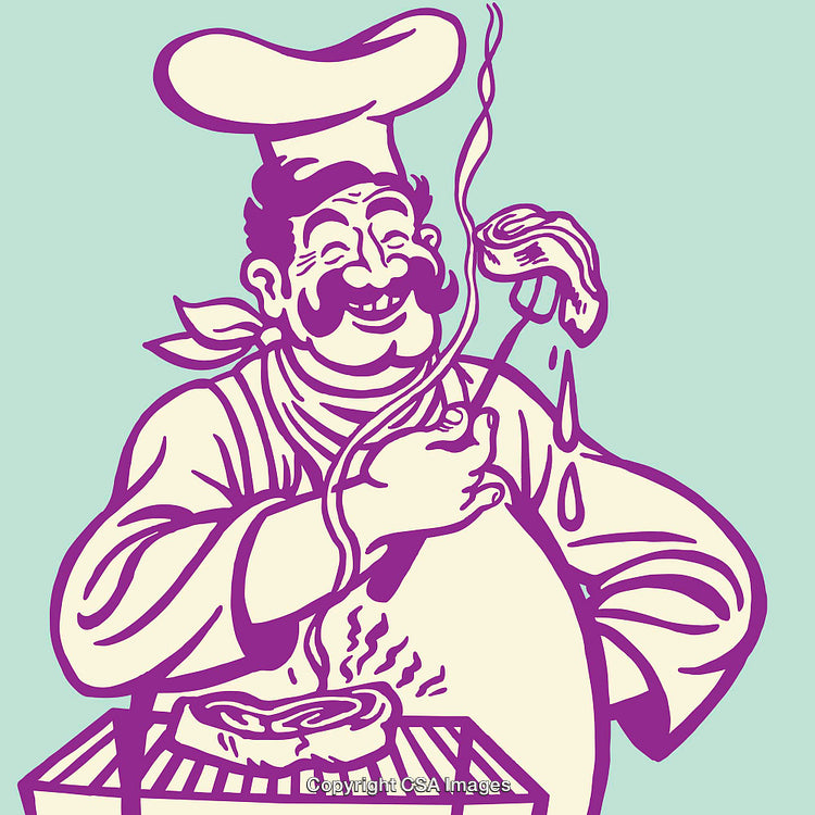 Cartoon Chef Cooking Juicy Steak on a Grill with Smiling Expression