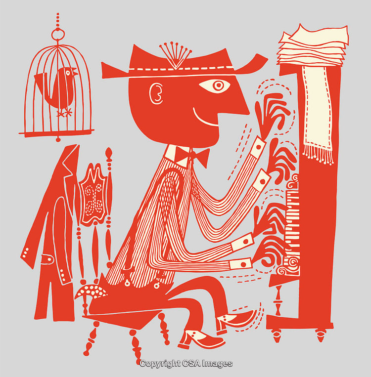 Illustration of a Pianist Playing in Red Ink with Stylized Design Elements