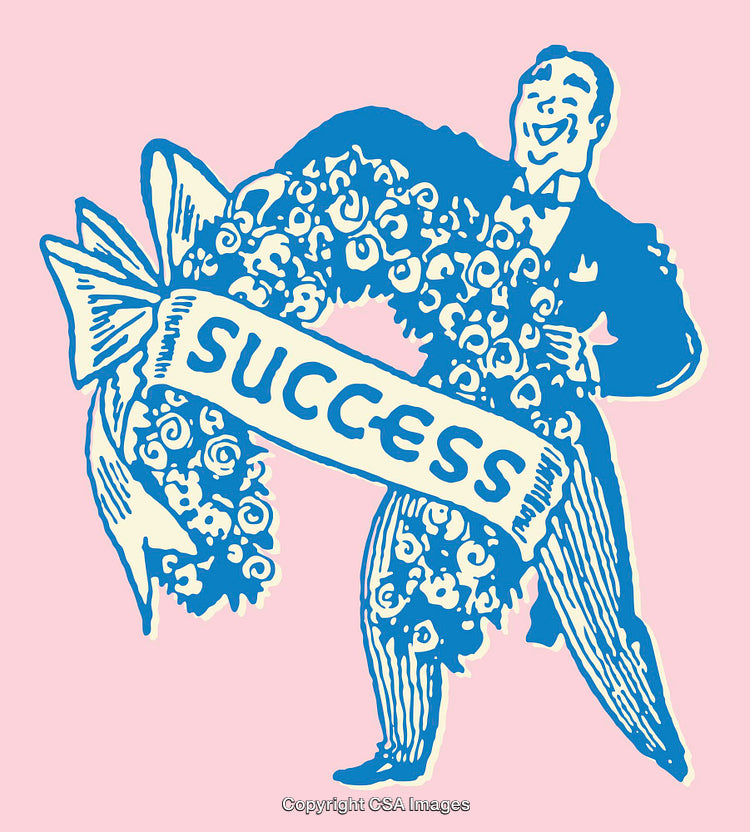 Vintage Style Illustration of a Man Celebrating Success with a Floral Wreath