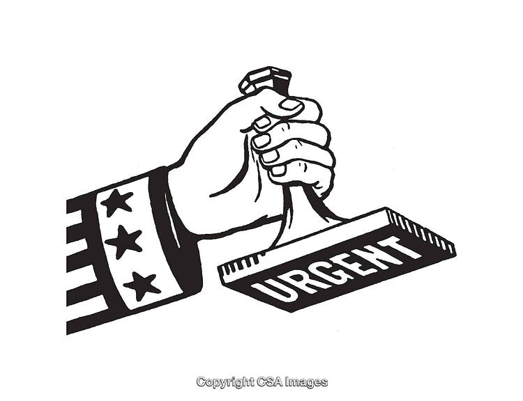 Hand Holding Urgent Rubber Stamp in Black and White Line Art Style