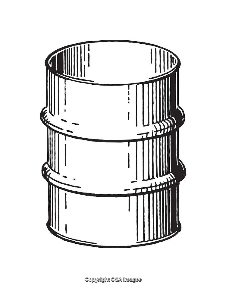 Vintage Black-And-White Line Art Illustration of a Metal Barrel
