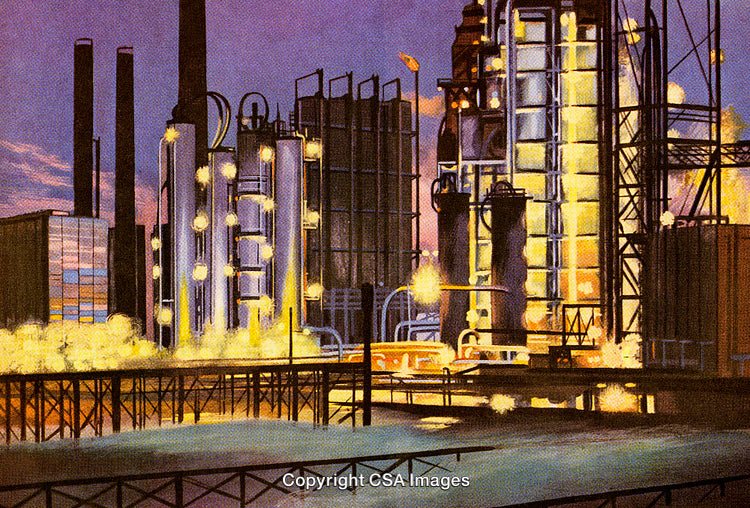 Illuminated Industrial Factory at Dusk with Smokestacks and Machinery