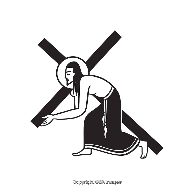 Black and White Illustration Depicting a Religious Figure Carrying a Heavy Cross