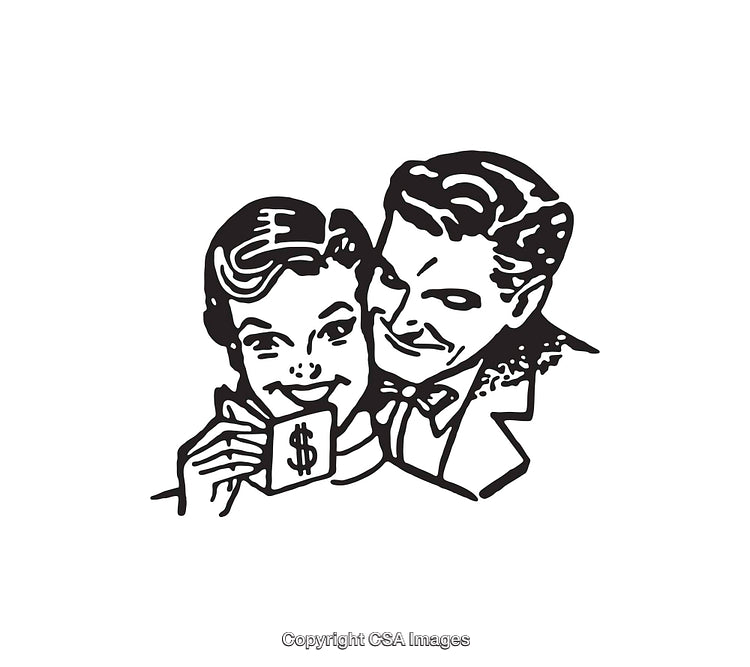 Vintage Retro Couple with Dollar Sign Representing Financial Prosperity