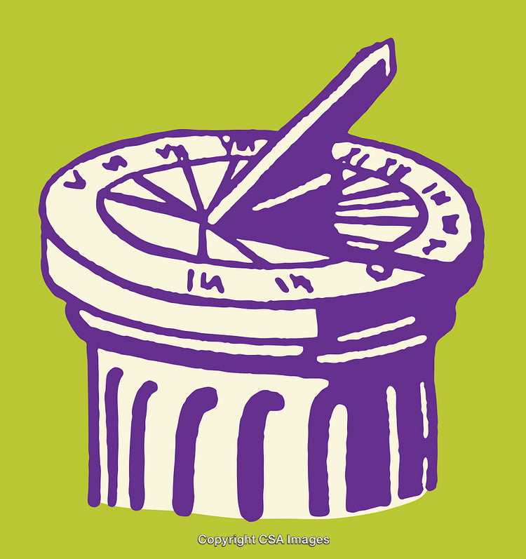 Illustrated Sundial with Bold Purple Design on Green Background