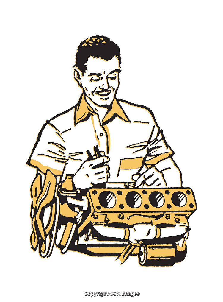 Illustration of a Mechanic Repairing an Internal Combustion Engine with Precision