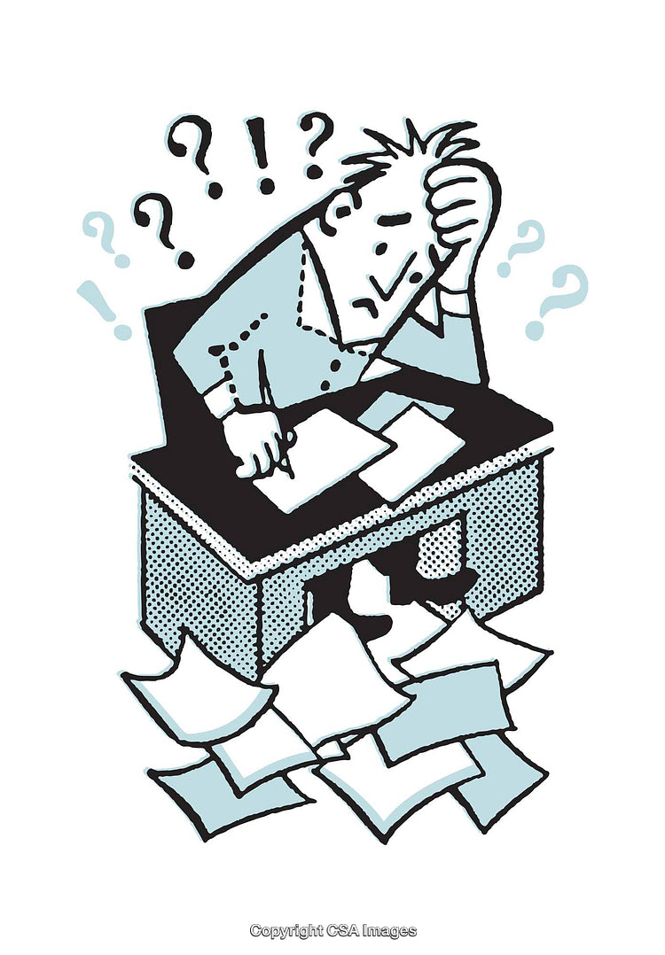 Frustrated Office Worker Overwhelmed at Desk with Paperwork and Questions