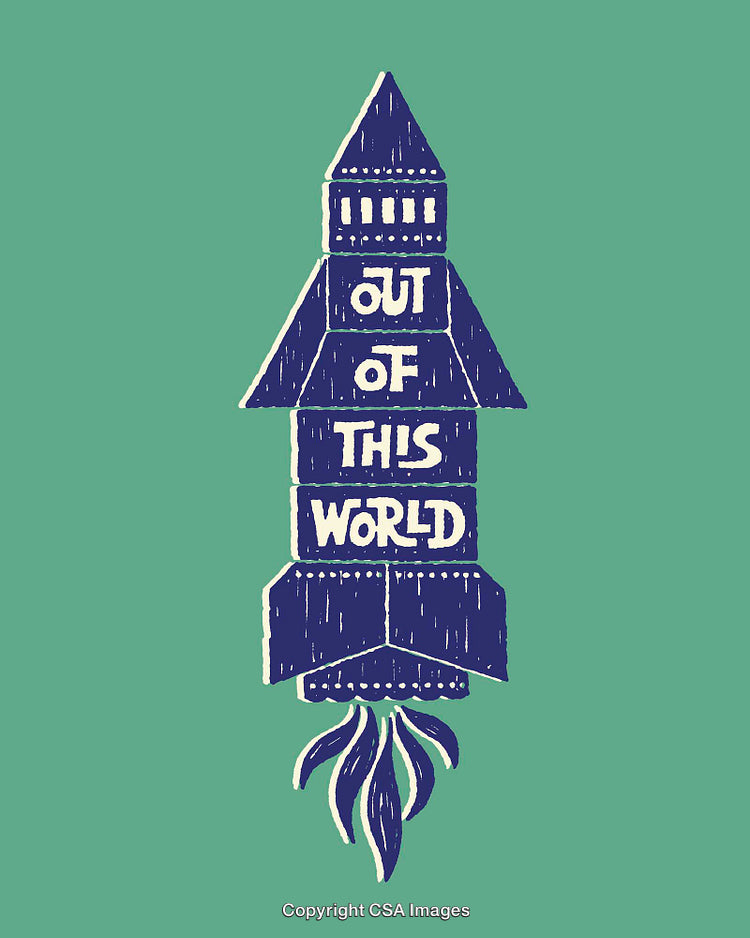 Whimsical Rocket Illustration with 'Out of This World' Text Art