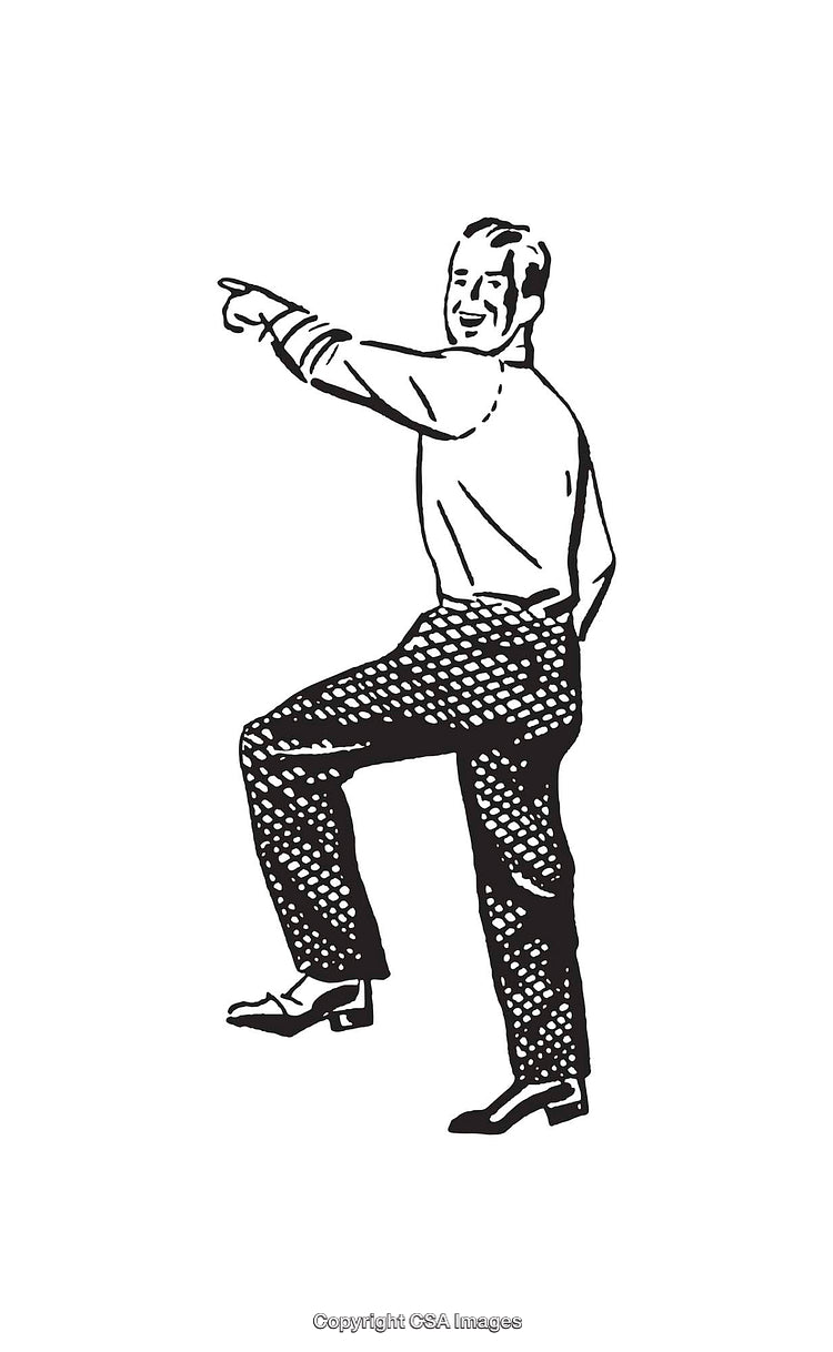 Retro Line Art Illustration of Man Happily Pointing Forward