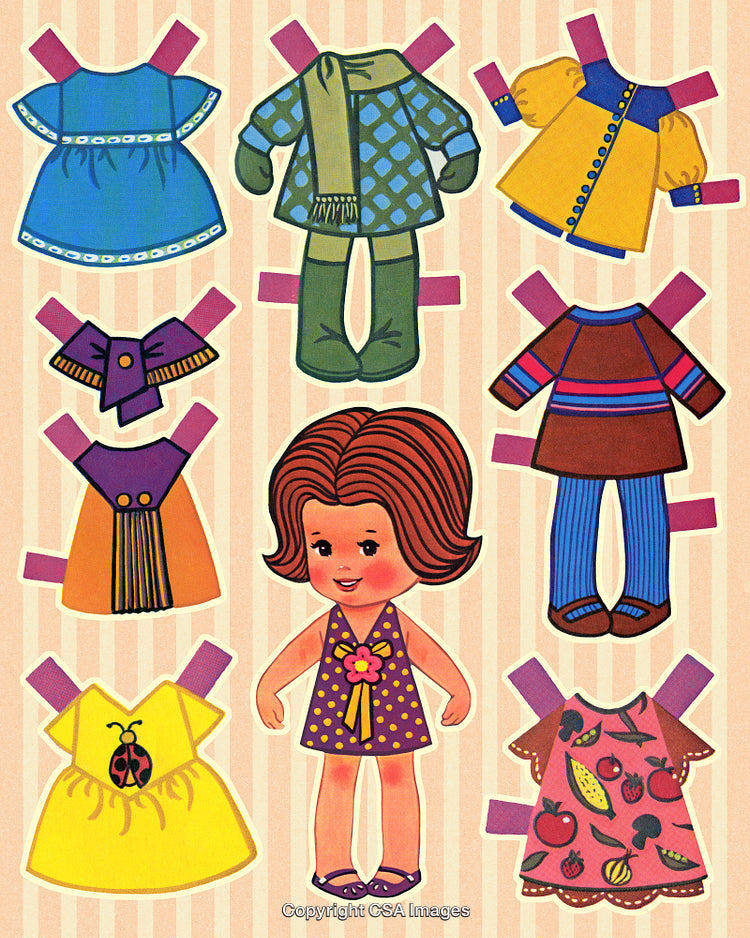 Vintage Paper Doll with Various Outfits for Dress Up Play