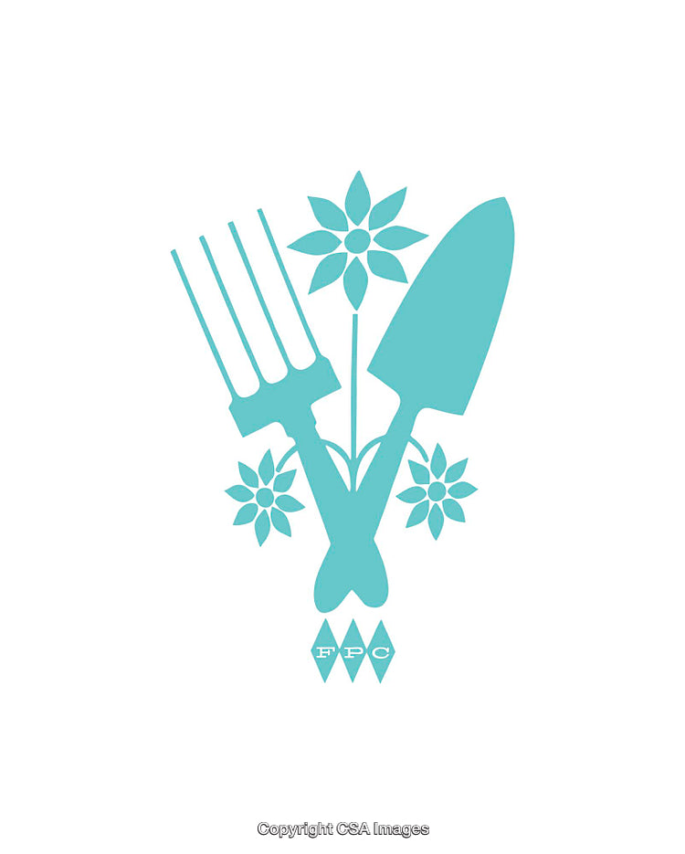 Garden Tools Icon Featuring Fork and Trowel with Stylized Floral Motifs