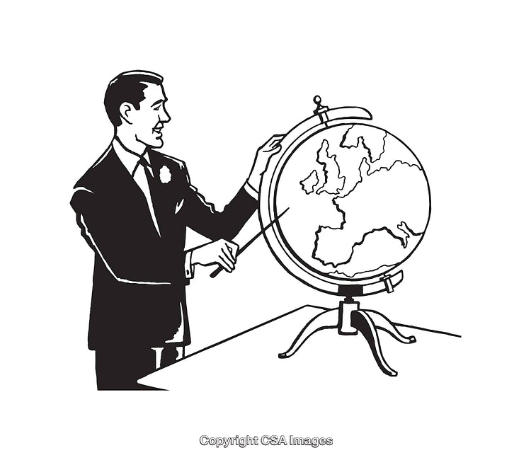 Black and White Illustration of a Man Explaining Using a Globe