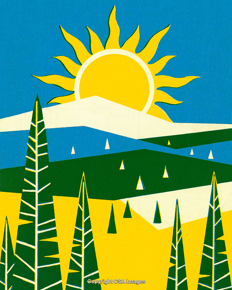 Colorful Abstract Landscape Illustration Featuring Sun, Mountains, and Stylized Trees