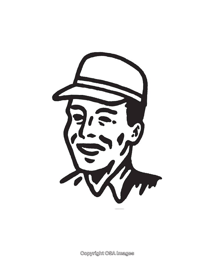 Black And White Line Drawing of a Smiling Man Wearing a Cap