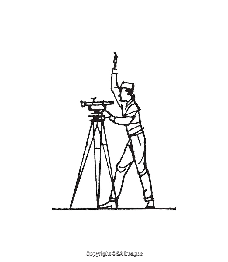 Black and White Illustration of Surveyor with Measuring Equipment