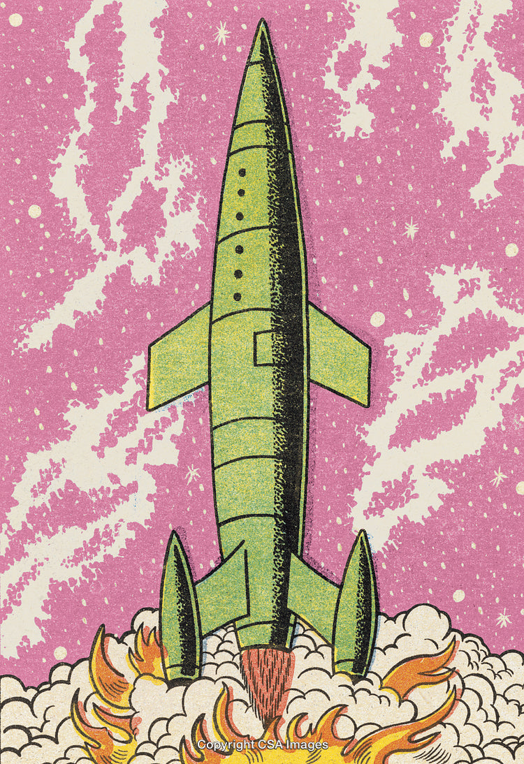 Retro Comic Style Rocket Taking Off into a Vibrant Starry Sky