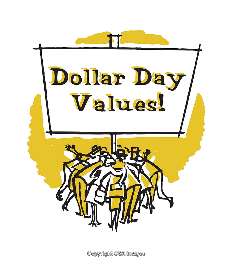 Colorful Retro Illustration of Dollar Day Promotion with Group of Shoppers