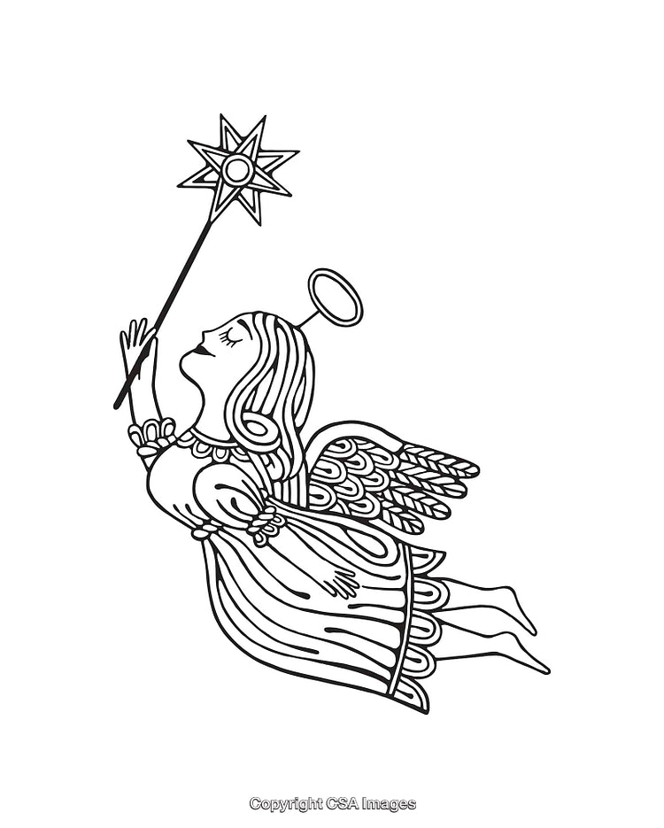 Black and White Line Art of a Flying Angel Holding a Star Wand