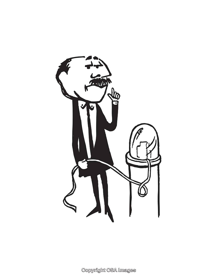 Black And White Illustration of a Man with Equipment and Light Bulb
