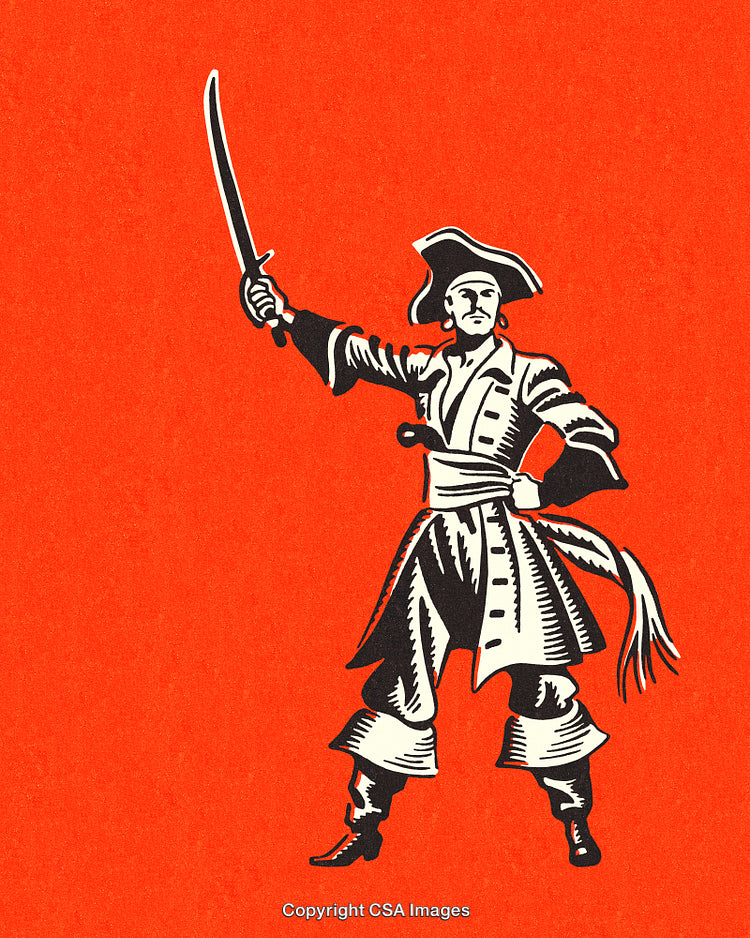 Vintage Illustration of Pirate Holding Sword with Red Background