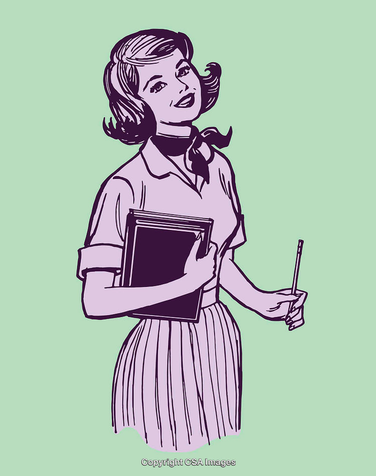 Retro Style Illustration of a Woman Holding Books and a Pencil