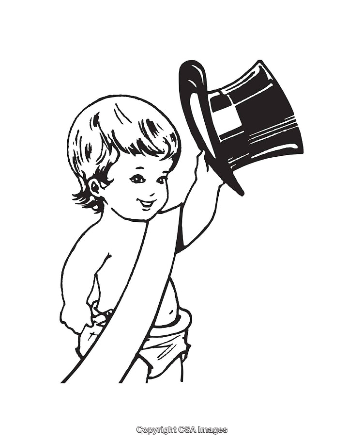 Cute Child Holding a Top Hat in Line Art Style