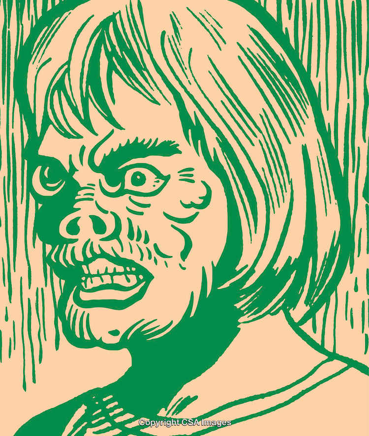 Abstract Illustration of a Surreal Character With Distorted Expression in Green Lines