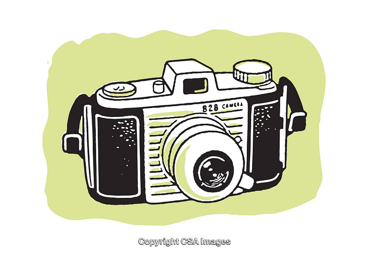 Colorful Illustrated Vintage Camera with Retro Style on Green Background